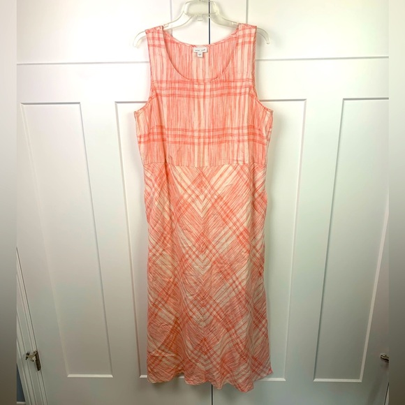J Jill Love Linen Maxi Dress LARGE orange White Lagenlook Coastal Pockets - Picture 1 of 9